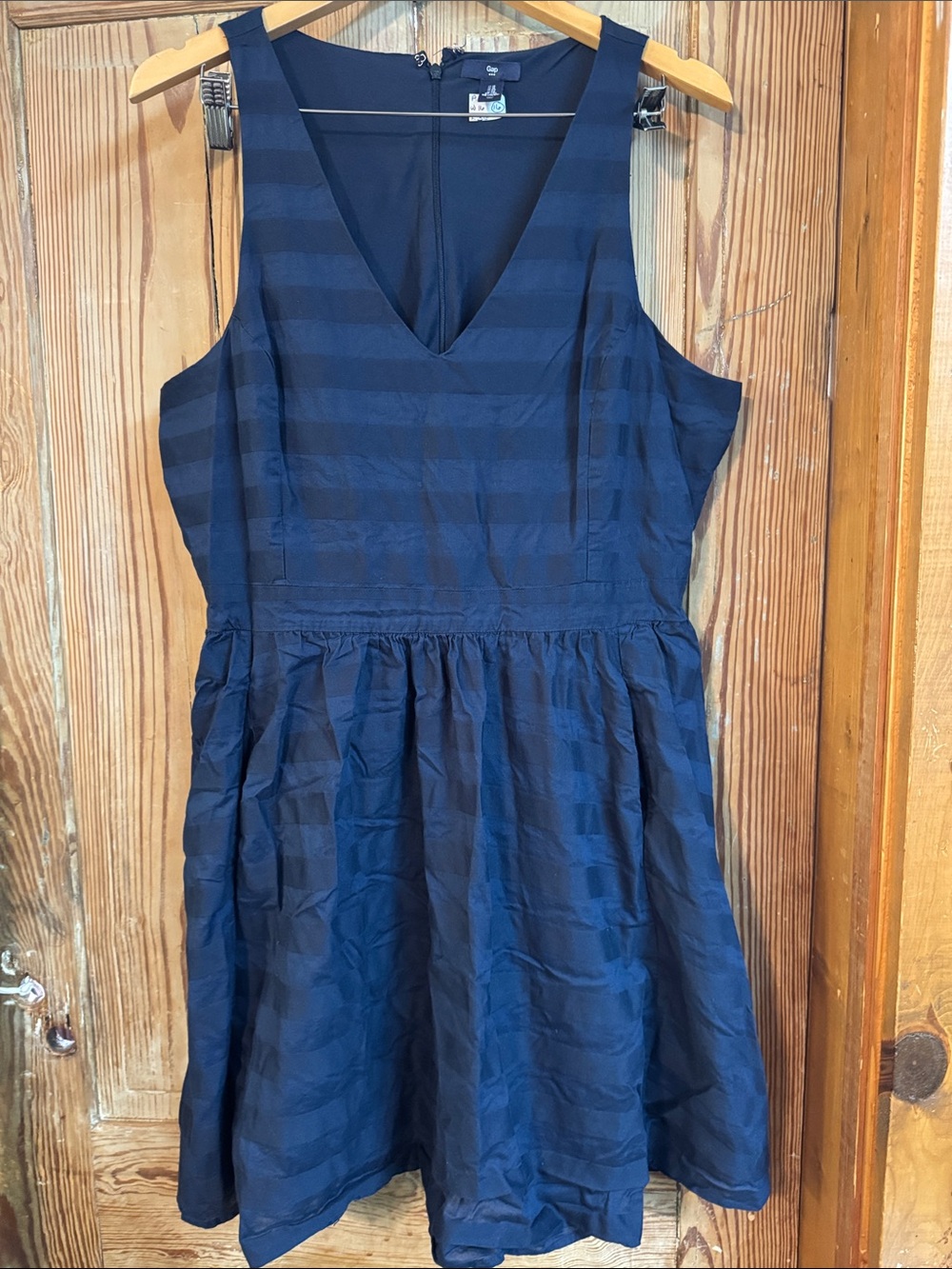 GAP Navy textured Striped V-Neck Mini Dress 16 pockets fit flare